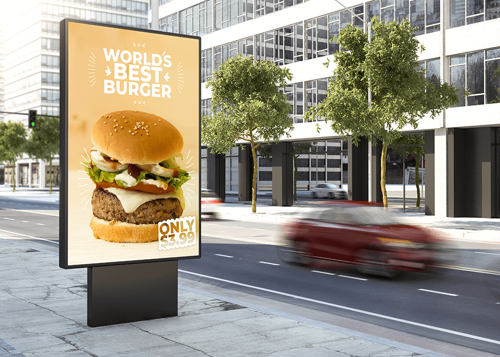 outdoor_digital_signage Digital burger advertisement on side of road